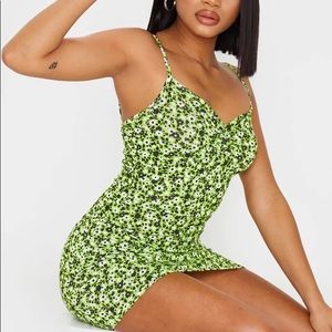 Petite Neon Green Ruched Front Floral Mini Dress
